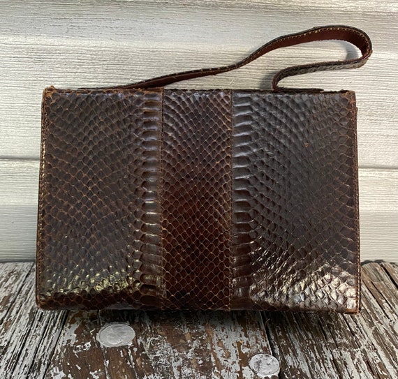 Vintage Handmade Brown Snakeskin Python Leather H… - image 2
