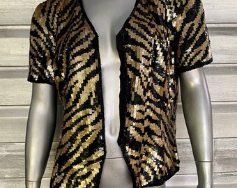 CACHE Vintage Short Sleeve Gold Black Sequin Beaded Top