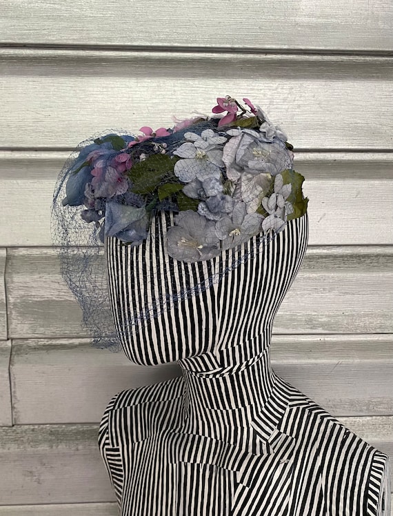 Vintage Fascinator Blue Floral Net Face Veil Hat