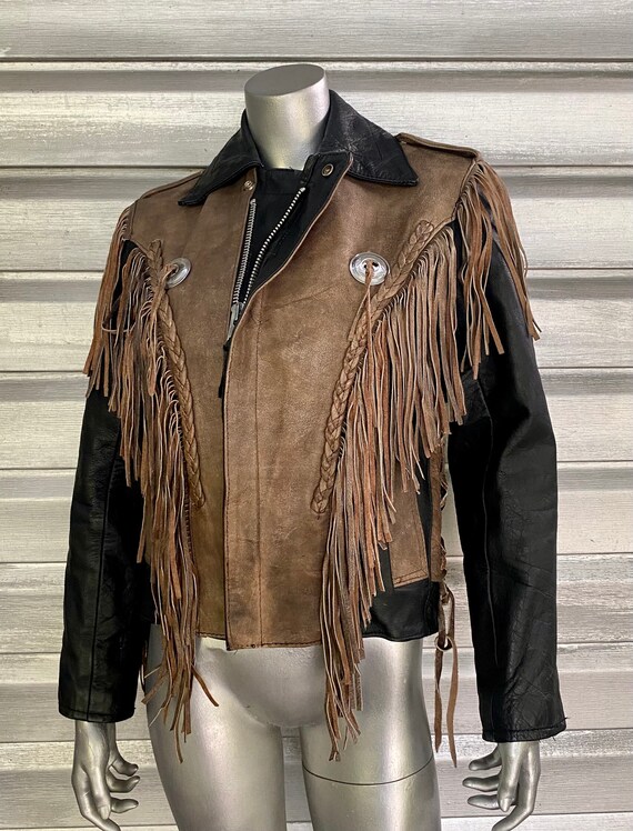 Vintage Black Distressed Leather Fringe Western M… - image 5