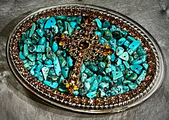 Ornate Silver and Turquoise Cross Belt Buckle Vintage silver tone cross belt buckle with hand painted  main image 4