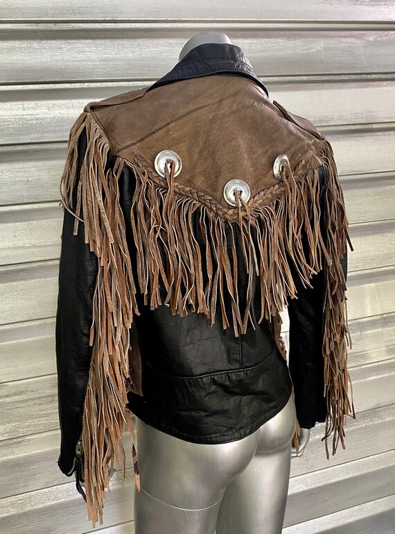 Vintage Black Distressed Leather Fringe Western M… - image 2