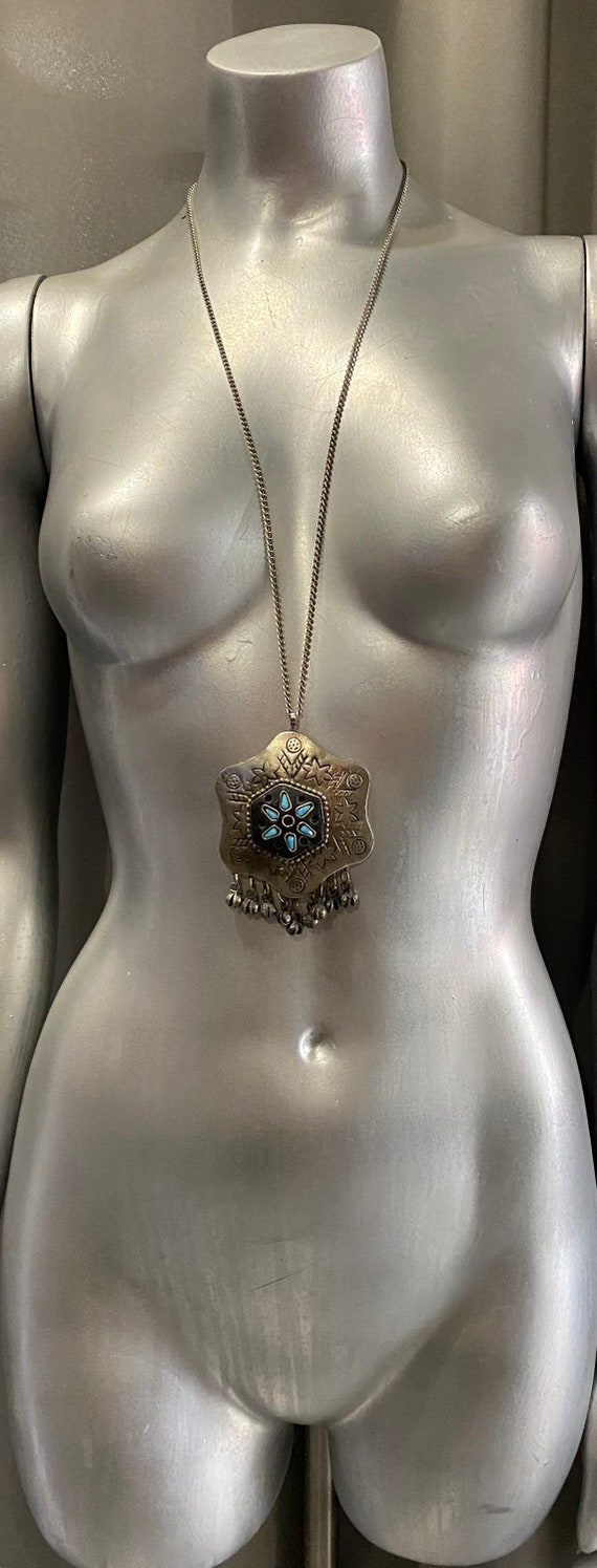 Vintage Silver Aztec Turquoise Pendant Necklace