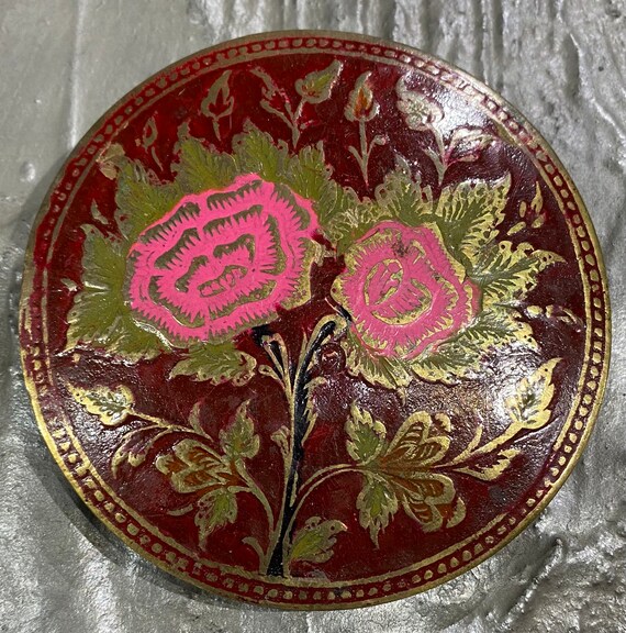 Vintage Handmade Rose Painted Brass Belt Buckle - image 1