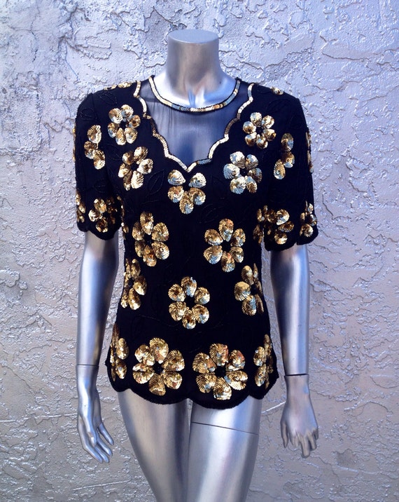 STENAY Vintage Floral Gold Sequin Silk Top