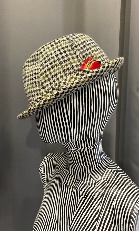 LADY DOBBS Vintage Fedora Houndstooth and Feather 