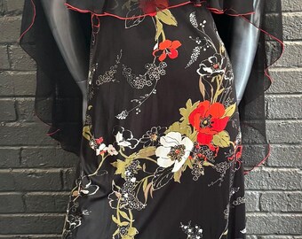 Vestido negro floral con volantes vintage hecho a mano
