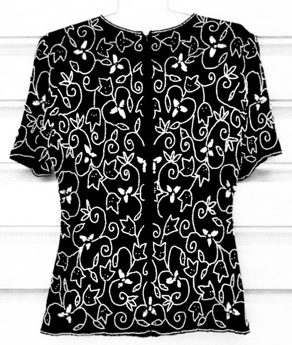 STENAY Vintage Black Silk White Beaded Floral Top - image 4