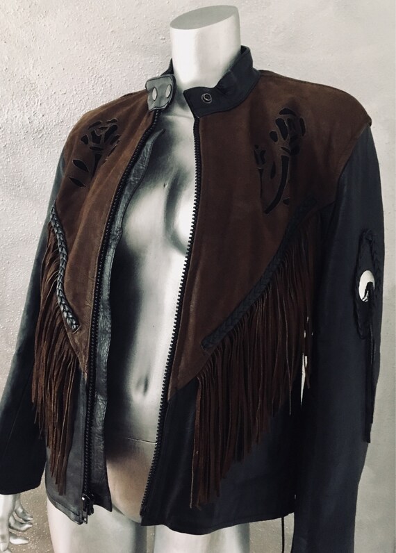 Vintage Black Leather Brown Suede Fringe Cut Out Flower Lace up 
