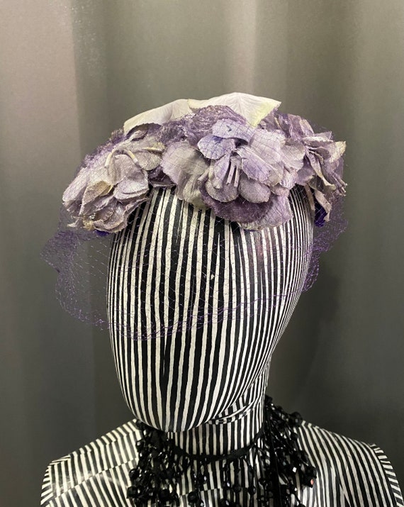 Vintage Fascinator Purple Floral Net Face Veil Hat