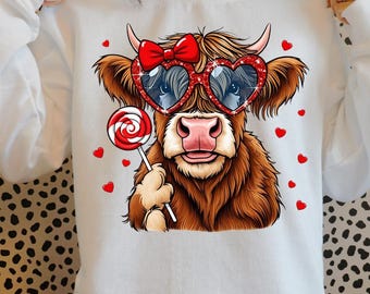 Valentine Highland Cow PNG, Retro Heart Glasses, Sublimation Design