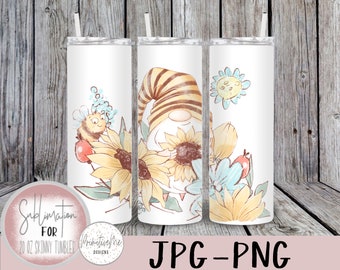 Sunflower Bee Garden Gnome Tumbler Design - Whimsical Instant Download for 20 oz Skinny Tumblers