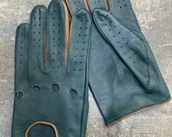 Green & Cognac Italian Leather Driving Gloves for Men