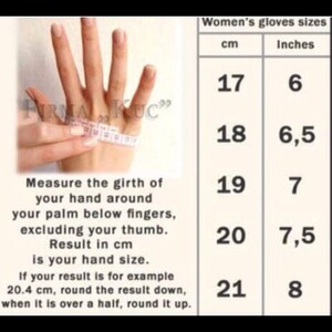 Peut inclure: Un tableau indiquant les tailles de gants pour femmes en centim&egrave;tres et en pouces. Le tableau indique la circonf&eacute;rence de la main en centim&egrave;tres et la taille de gant correspondante en pouces. Le tableau est accompagn&eacute; d'instructions sur la fa&ccedil;on de mesurer la circonf&eacute;rence de votre main.