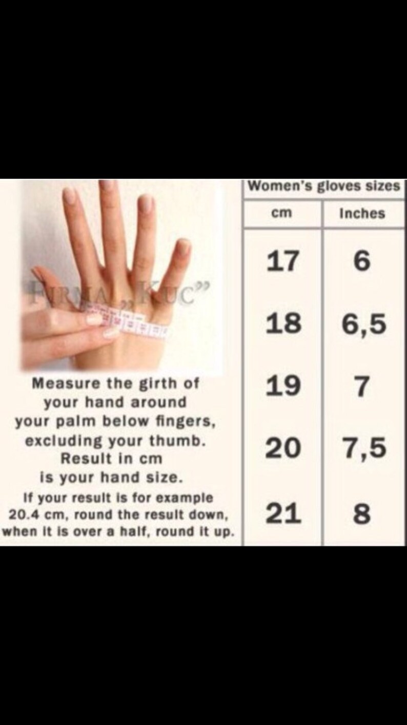 Peut inclure: Un tableau indiquant les tailles de gants pour femmes en centim&egrave;tres et en pouces. Le tableau indique la circonf&eacute;rence de la main en centim&egrave;tres et la taille de gant correspondante en pouces. Le tableau est accompagn&eacute; d'instructions sur la fa&ccedil;on de mesurer la circonf&eacute;rence de votre main.