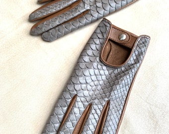 Grey Python Leather Driving Gloves, Glamour Style
