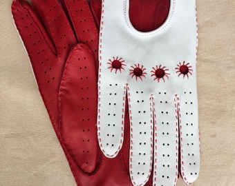 Gants de conduite en cuir rouges et blancs : cuir nappa italien fait main