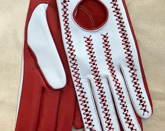 Guantes de conducir de cuero rojo y blanco: piel de cordero Napa hecha a mano