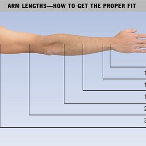 May include: A diagram showing different arm lengths in inches, ranging from 9 inches to 31 inches. The diagram shows a person's arm extended with lines marking the different lengths.