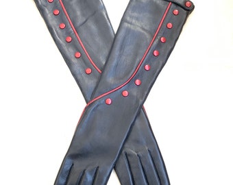 Long Leather Opera Gloves: Black Lambskin with Silk Lining