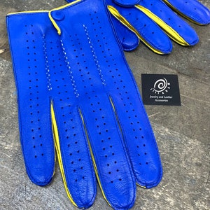 Leather driving gloves for men/ leather gloves/ drive-gift-mens gloves-italian leather/ handmade gloves, lamskin leather, Blue and Yellow