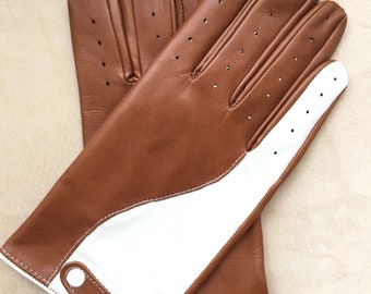 Cognac & White Leather Driving Gloves: Italian Lambskin, Handmade