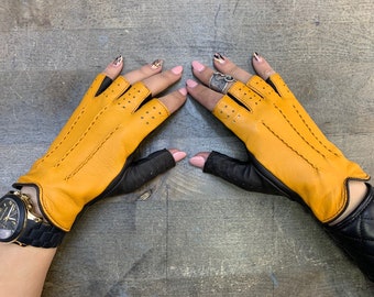 Yellow Leather Fingerless Gloves: Fashion Driving Gloves