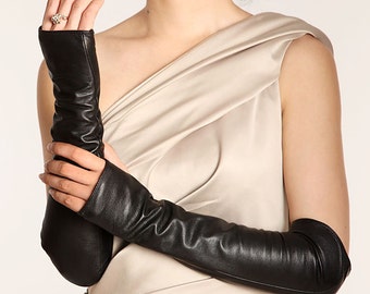 Women's fingerless long leather gloves/ arm warmers super soft/ opera long gloves/ fancy style glove/ leather arm warmers-gift for her