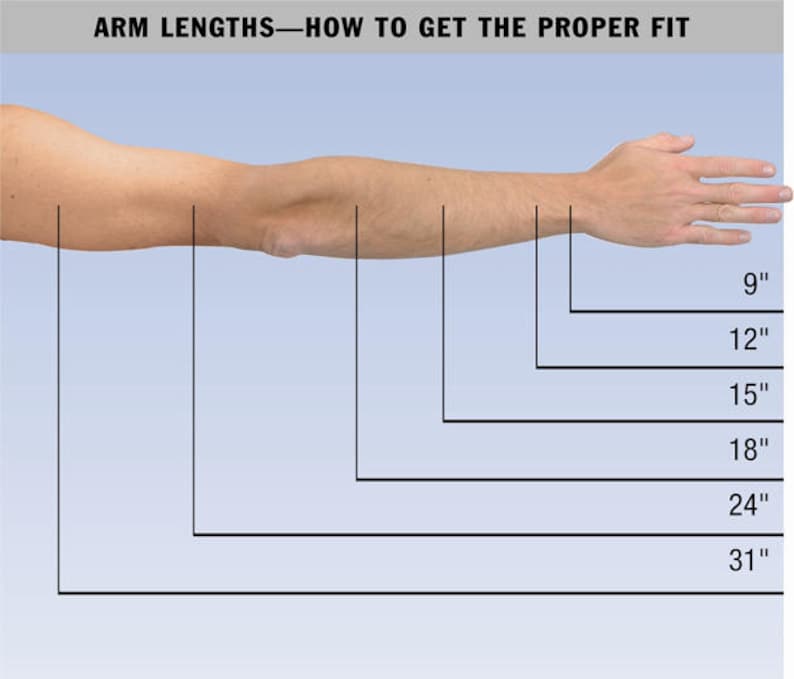 May include: Image showing an arm with measurements for arm lengths. The text at the top reads "ARM LENGTHS - HOW TO GET THE PROPER FIT." Measurements are provided in inches: 9", 12", 15", 18", 24", and 31".