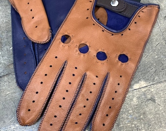 Nouveau. Bleu et cognac/ Gants de conduite en cuir pour homme / Cadeau pour lui / Gants de conduite / Lederhandschuhe / Gants en cuir italiens / Noël