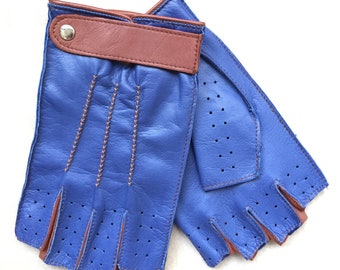 Fancy Fingerless gloves/ leather driving car-cycling gloves/ Blue gloves/ mens glove/ italian nappa leather/ leather gloves for him