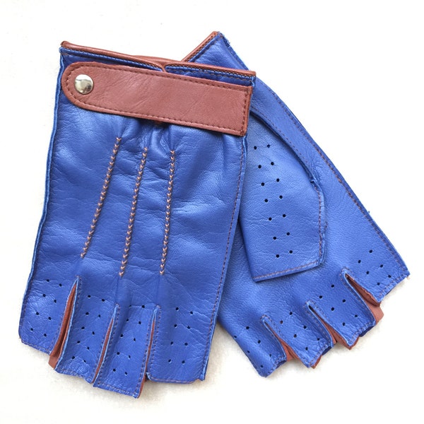 Fancy Fingerless gloves/ leather driving car-cycling gloves/ Blue gloves/ mens glove/ italian nappa leather/ leather gloves for him