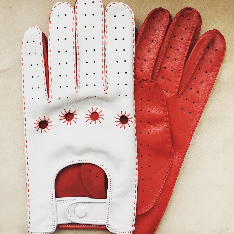 Red and white leather driving gloves for men / gift for him/ Etsy