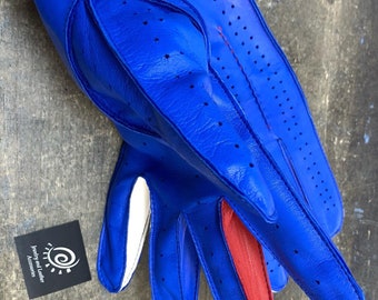 Blue Leather Driving Gloves: Italian Lambskin, Handmade Mens Gloves