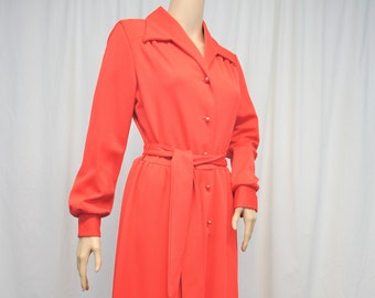 Vintage 1970s red orange long sleeve button front collared neckline maxi floor length dress evening gown from Holly's Whitehall Michigan