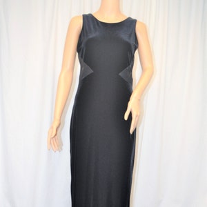 Vintage 1980s 1990s black velvet, satin, and sheer floor length sheath sleeveless evening gown by Rhapsody image 1