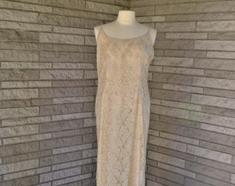 Vintage 1980s 1990s antique white floor length beaded lace over silk gown with long sleeve open front jacket by Ste'nay