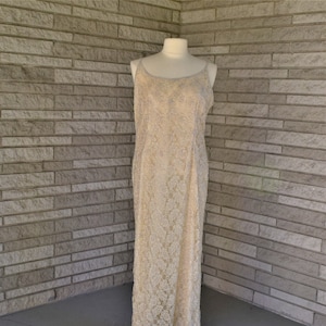 Vintage 1980s 1990s antique white floor length beaded lace over silk gown with long sleeve open front jacket by Ste&#39;nay