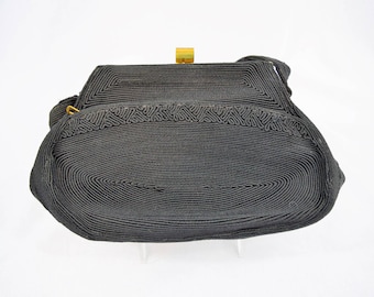 Vintage 1940s black Corde' top handle purse handbag with exterior zipper compartment and original mirror