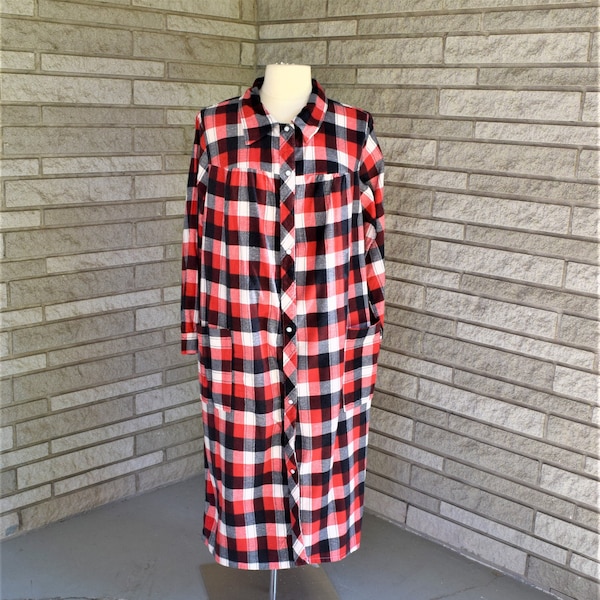 Vintage 1960s red, white and blue check flannel snap front robe, housecoat, long sleeve duster by Ideal Lady