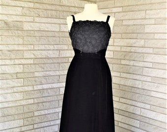 Vintage 1960s black velvet and Alencon lace evening gown