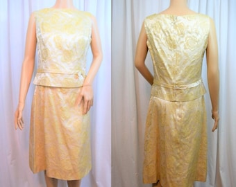 Vintage 1950s Minx Modes gold rose metallic brocade sleeveless  2 piece wiggle dress