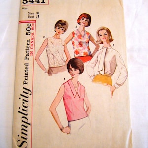 Vintage 1960s Simplicity 5441 long sleeve or sleeveless back button blouse sewing pattern