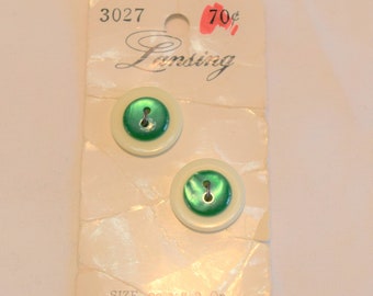 Vintage 1970s 1980s 2 layer Green and white plastic buttons NOS set of 2 on card by Lansing