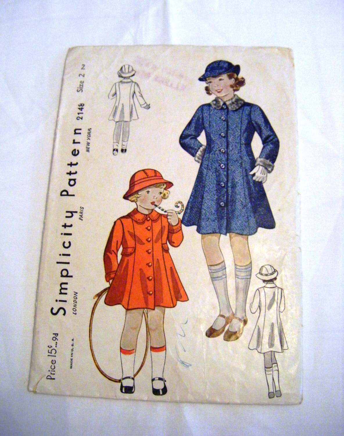 Vintage 1930s Girls Toddler Coat Pattern Simplicity 2148 Sewing Pattern ...