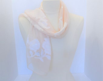 Vintage 1950s rectangle pale peach blush chiffon scarf with brocade floral woven motif silk & rayon Made in Japan