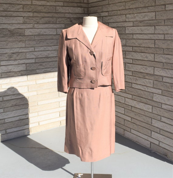 Vintage 1960s taupe suit with straight skirt from 