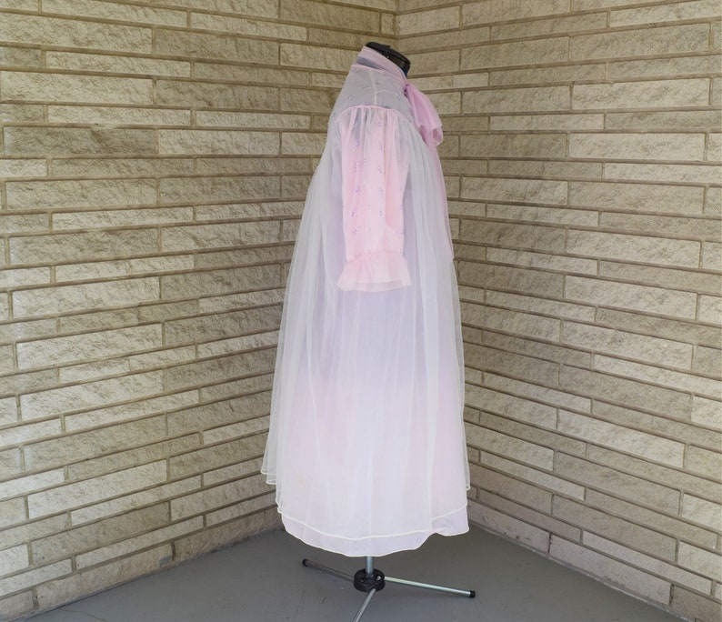 Vintage 1960s 1970s sheer nylon tie front waltz length peignoir style robe with small purple flower embroidery