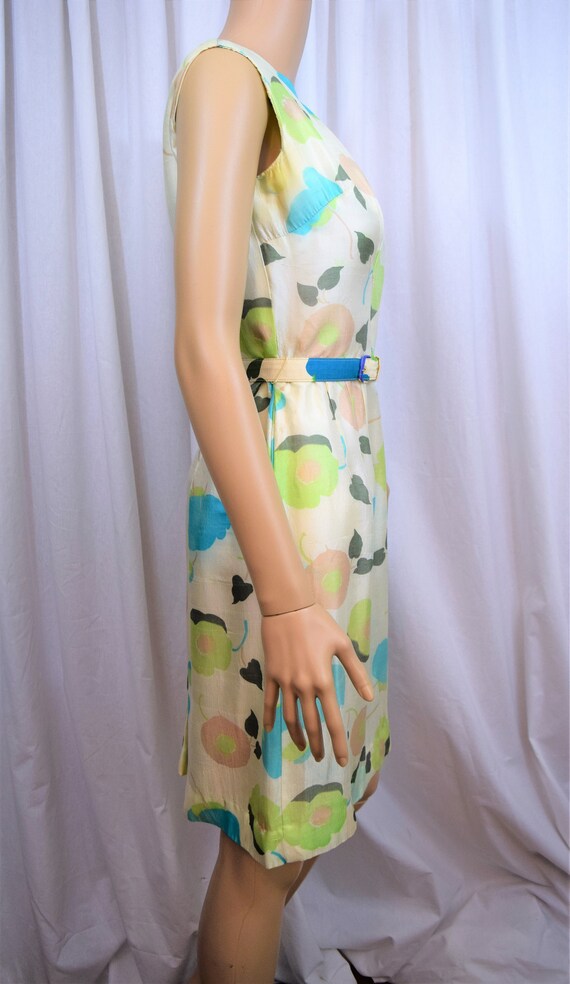 Vintage 1960s teal and tan flower silk sleeveless… - image 4