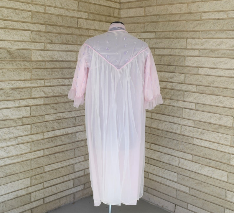 Vintage 1960s 1970s sheer nylon tie front waltz length peignoir style robe with small purple flower embroidery